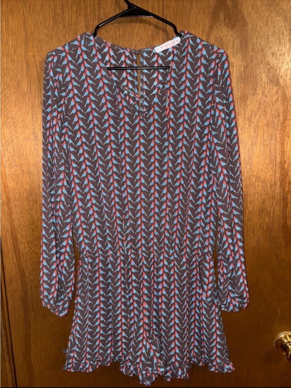 Izzy & Lola Brown Long-Sleeve Tiered Mini Dress with Pink & Blue Print